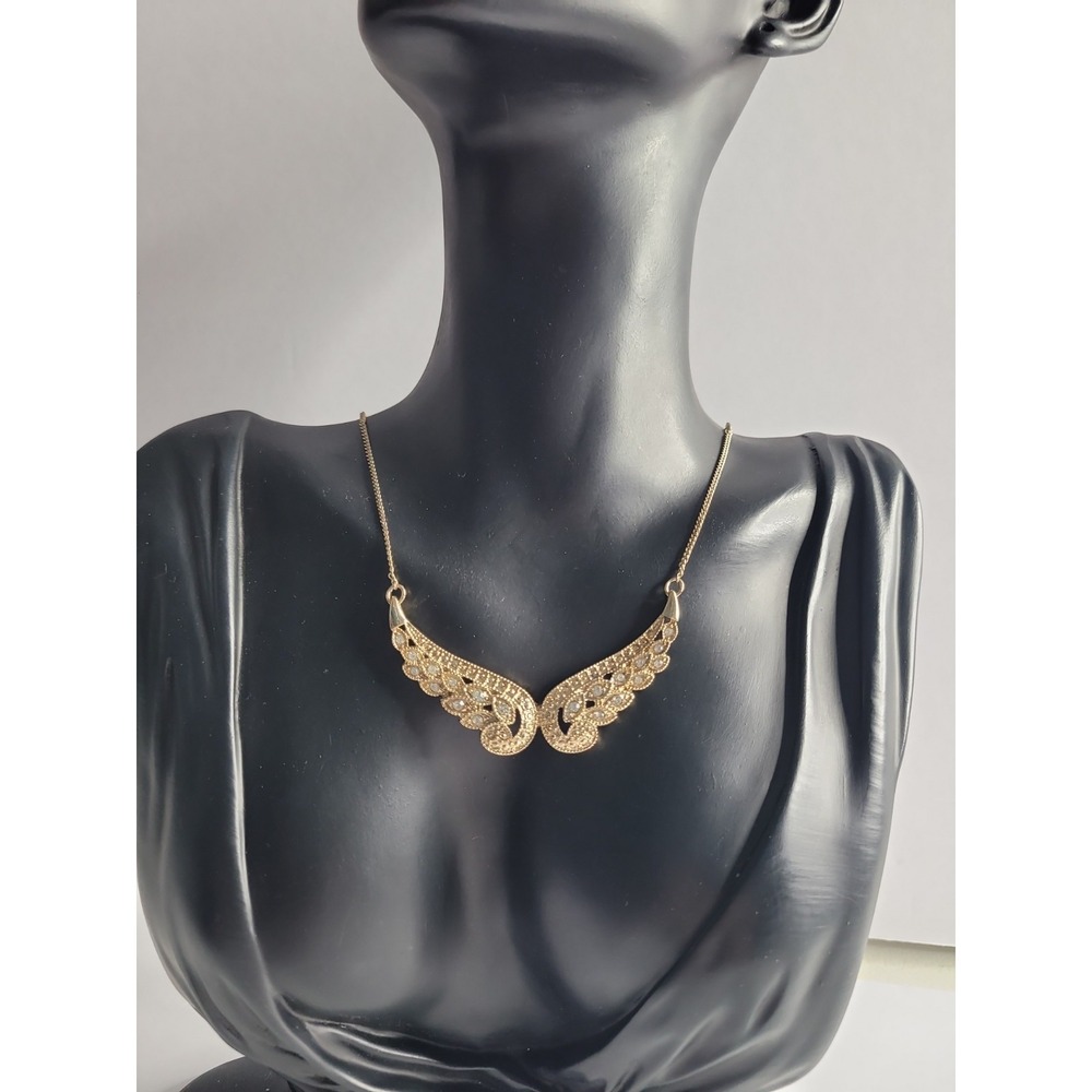Gold Tone Angel Wing Necklace Rhinestone Dainty Pendant Necklace
